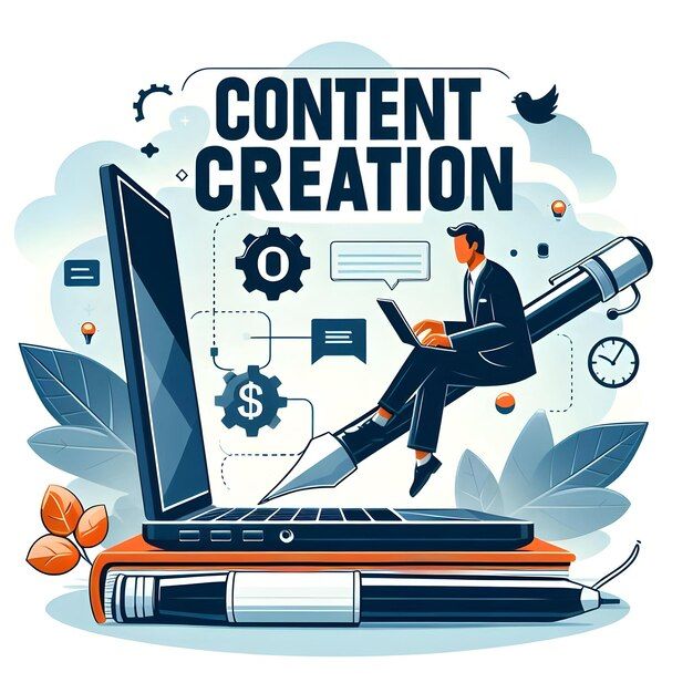 flat floating laptop and pen with content creation text concept as a sleek vector design showcasing premium ai generated image